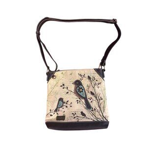 Chala Bird Canvas Crossbody Bag Brown Teal Vegan Leather Safari Tote Purse